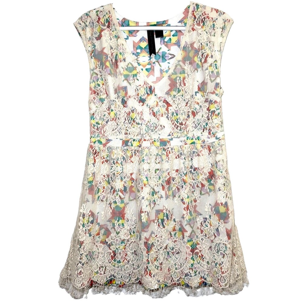 Petticoat Alley Lace Fringe Mini Dress L Ivory Multicolor Nylon Shell Boho